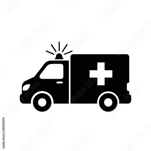 A black silhouette of an ambulance with a flashing light and a white cross symbolizing emergency medical services