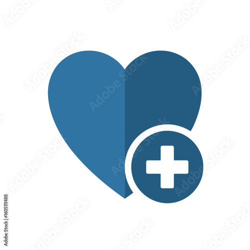 Blue heart icon with a plus sign in a circle symbolizing health care and adding favorites