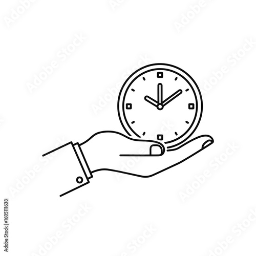 A simple line drawing of a hand holding a clock representing time management and punctuality