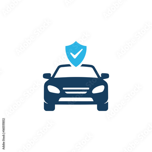 Car insurance icon featuring a dark blue vehicle a light blue shield and a white checkmark signifying protection and safety
