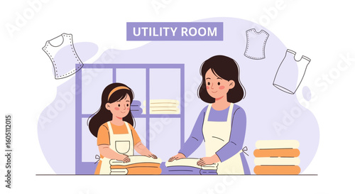 Family Doing Laundry Together Folding Clean Clothes in Utility Room