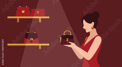 Elegant Woman Admires Chic Handbag Collection During Upscale Boutique Shopping Spree