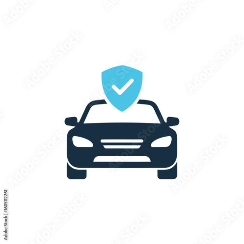 Car with a blue shield and checkmark representing auto insurance and vehicle safety