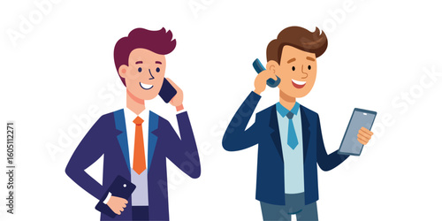 Entrepreneur making business call while holding tablet, professional business person talking on phone, modern digital workplace vector illustration, white background, clean design.