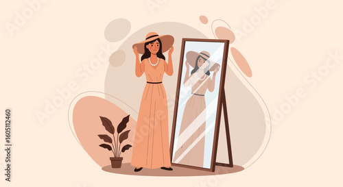 Elegant Woman Admiring Herself In The Mirror Getting Ready For An Event