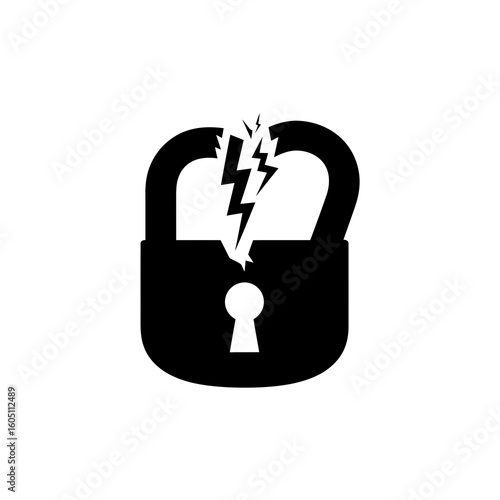Broken padlock icon with lightning symbolizing security breach and cyber attack