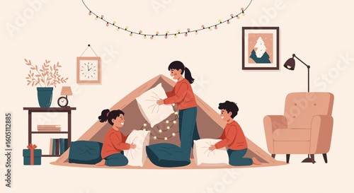 Family Fun Time Building a Cozy Pillow Fort in Living Room Together
