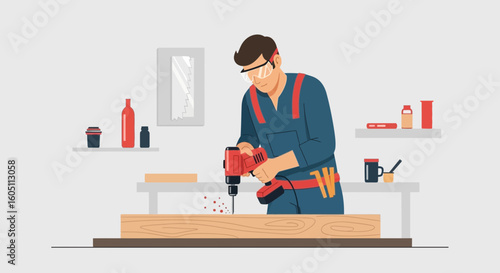 Craftsman At Work Accurately Drilling Wood Project In His Workshop