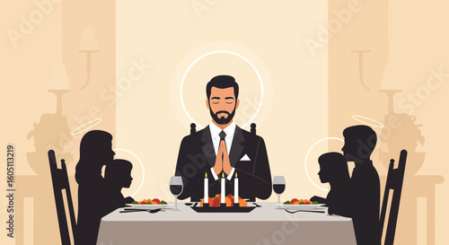 Family Gathered In Silence For Graceful Dinner Under Spiritual Guidance