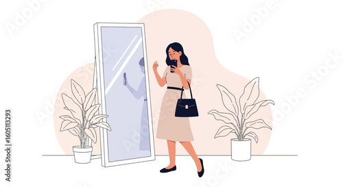 Elegant Woman Captures Self-Portrait In Full Length Mirror At Her Home
