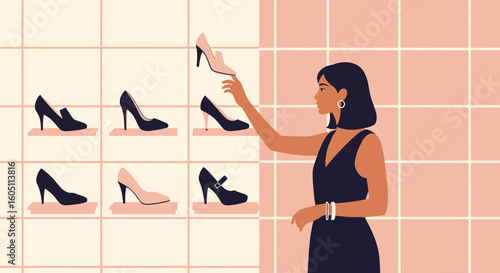 Elegant Woman Choosing Stylish High Heel Shoes From An Organized Display Shelf