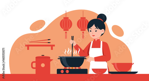 Celebrating Lunar New Year: Woman Cooking Festive Dish In Asian Kitchen