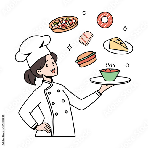 Female Chef with Food Items – Cooking App or Recipe Platform UI Illustration