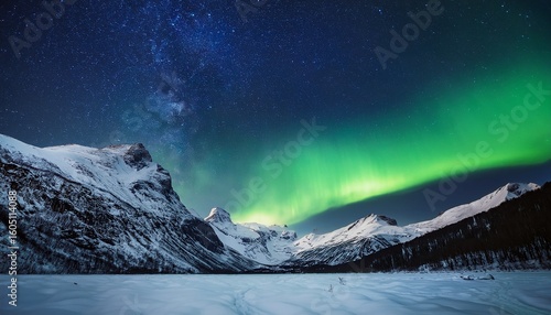 bright green northern lights glowing over a snowy mountain landscape under a starry night sky