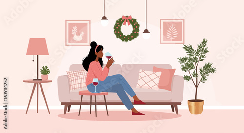 Elegant Woman Enjoying Wine in Cozy and Tastefully Decorated Holiday Home