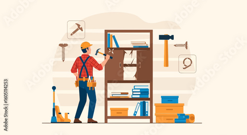 Craftsman Repairing Broken Cabinet With Tools In Workshop Interior Illustration