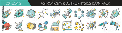 Astronomy and Astrophysics Doodle Icon Set - Hand-drawn icon pack featuring planets, telescopes, constellations, and galaxies—perfect for science content, stargazing apps, and space education.

