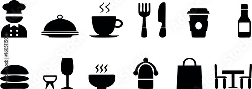 Collection of Restaurant and Food Service Icons, Representing Dining and Delivery