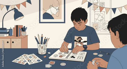 Creative Afternoon Young Boys Engage in Scrapbooking Leisure Activity Together