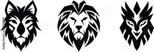 Graphic Rendering of a Wolf, Lion, and Fox Head in a Tribal Style