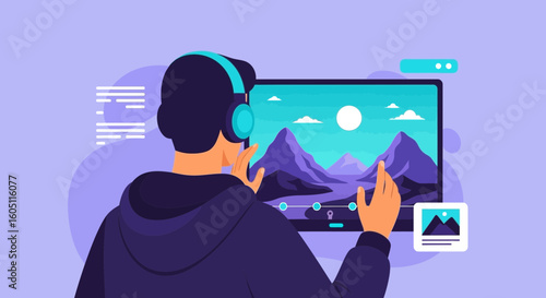 Creative Artist Editing Digital Landscape Wearing Headphones In Home Studio