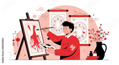 Creative Artist Painting Lunar New Year Symbol on Canvas with Zodiac Signs