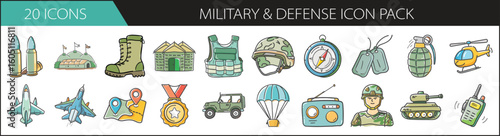 Military and Defense Doodle Icon Set - Hand-drawn icon pack featuring weapons, vehicles, gear, and tactical elements—perfect for military content, strategy games, and defense topics.
