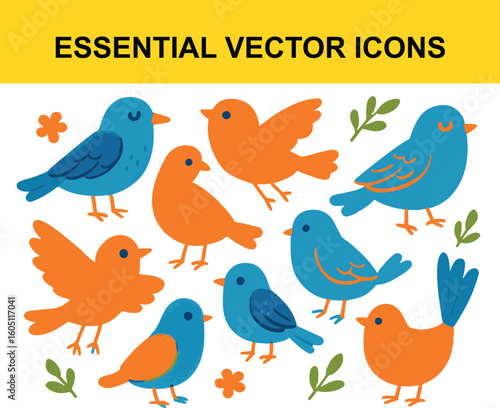 Blue and orange birds with floral elements blue bird