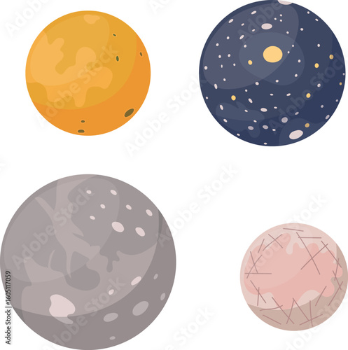 Vector cartoon flat illustration of biggest moons of Jupiter (Europa, Callisto, Ganymedes, Io). Planets in solar system.