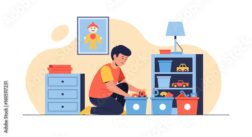 Cheerful Boy Organizing Toys In Bins For A Tidy Room Illustration