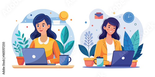 Female entrepreneur focused on laptop working remotely with coffee cup, modern businesswoman, startup owner, productivity, home office, digital nomad, professional woman vector illustration