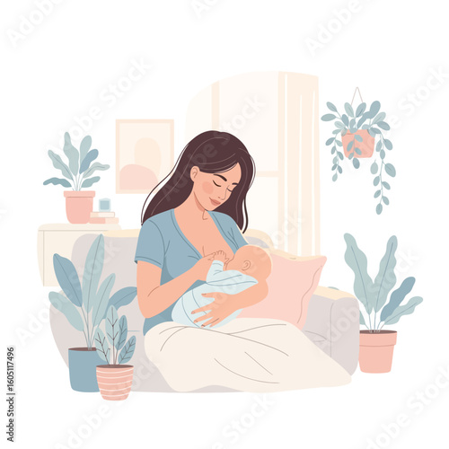 Mother breastfeeding baby in a natural light room with decor, homey illustration