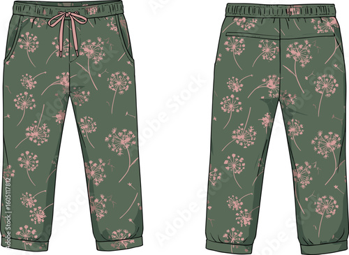 Stylish Women's Green Jogger Pants Flat Vector Illustration with Pink Dandelion Print and Drawstring Waist, Comfortable Modern Loungewear Apparel, Casual Chic Style.