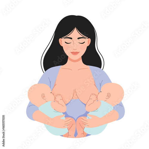 Cute dark-haired mother breastfeeding twins with joy, flat vector on white background
