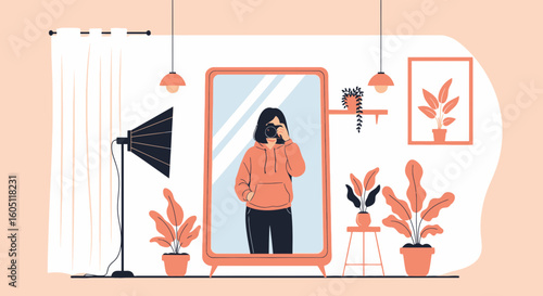 Creative Illustration Of Young Woman Posing For Mirror Selfie With Camera