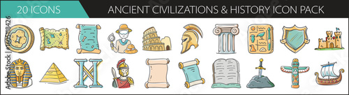 Ancient Civilizations and History Doodle Icon Set - Hand-drawn icon pack featuring symbols of ancient cultures, artifacts, scrolls, and monuments—perfect for educational, historical, and museum conte

