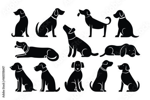 Silhouettes of six dogs in various active poses showcasing their athletic builds and expressive stances against a white background