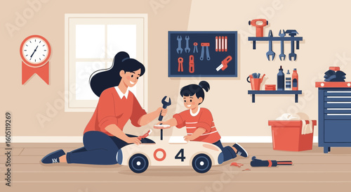 Creative Mother And Daughter Bonding Time Fixing Toy Car In Garage