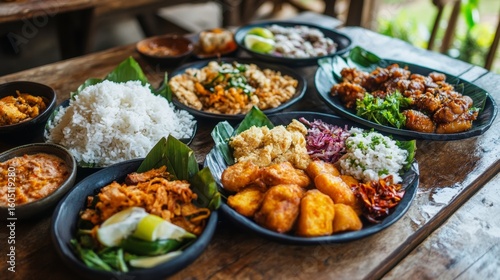 Close up view of authentic traditional Asian cuisine on rustic wooden tabletop in Sri Lanka