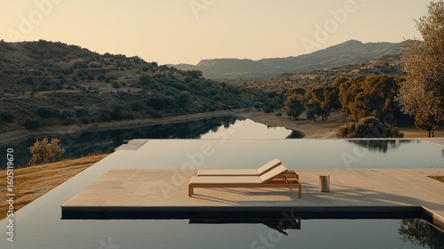 Tranquil infinity pool with sun loungers overlooking a serene landscape.