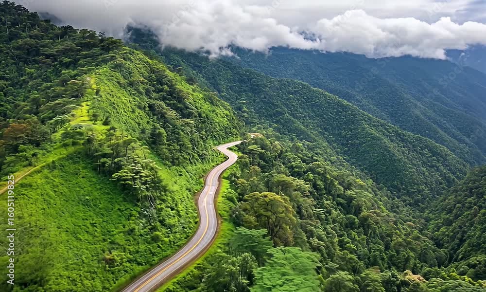 Winding road cuts through vibrant green mountains capped with low-hanging clouds Winding road cuts through vibrant green mountains capped with low-hanging clouds