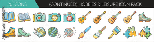 Creative Hobbies and Leisure Doodle Icon Set - Hand-drawn icon pack with books, guitars, cameras, yarn, and paint—great for promoting crafts, music, photography, and relaxing hobbies.