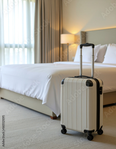 Modern suitcase in a cozy hotel room