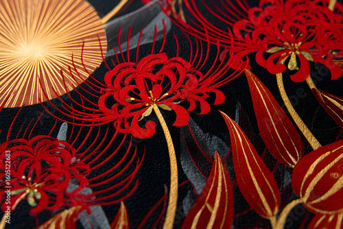 Wallpaper Mural Ethereal Elegance: Higanbana and Sun Motifs in Crimson and Black Torontodigital.ca