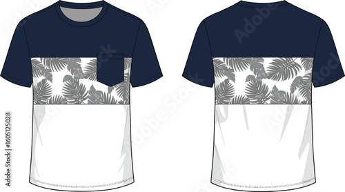 Vector t-shirt fashion flat sketch for menswear apparel design. Garment template with short sleeves, crew neck, chest pocket, and a trendy tropical leaf print.
