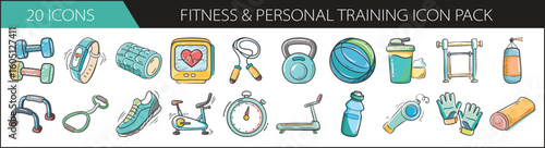 Fitness and Personal Training Doodle Icon Set - Hand-drawn icon pack featuring gym equipment, training tools, and workout essentials—ideal for fitness apps, personal trainers, and health content.
