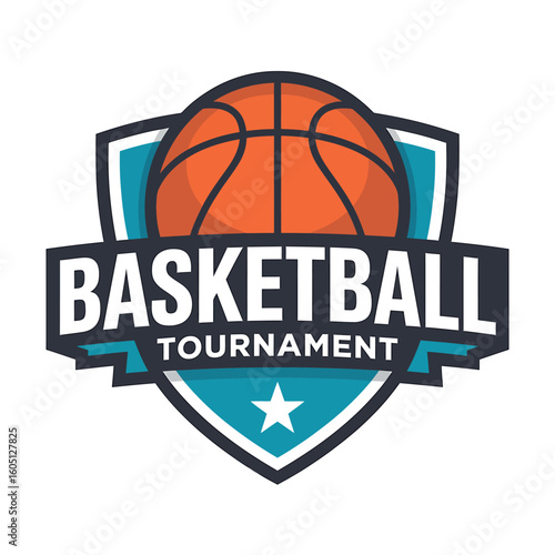 Basketball tournament logo design featuring a ball and shield emblem for sports events and competitive games promotion