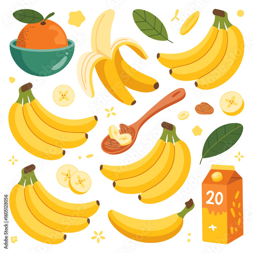 Assorted Fruits and Banana Smoothie Ingredients Illustration for Healthy Eating and Lifestyle Promotion with Bright and Cheerful Design Elements