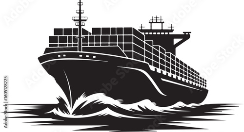 Cargo ship sailing through choppy black and white waves container ship freight transport