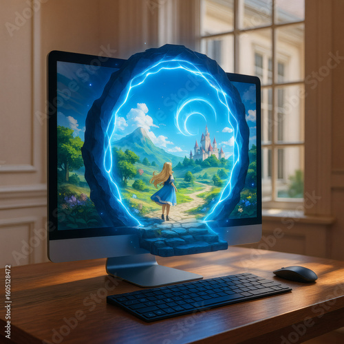 A girl in a blue dress steps into a glowing stone portal emerging from a computer screen, leading to a fairytale landscape with a path toward a distant castle under a bright sky.
